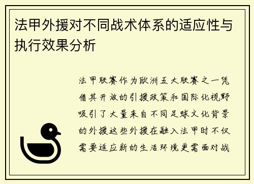 法甲外援对不同战术体系的适应性与执行效果分析